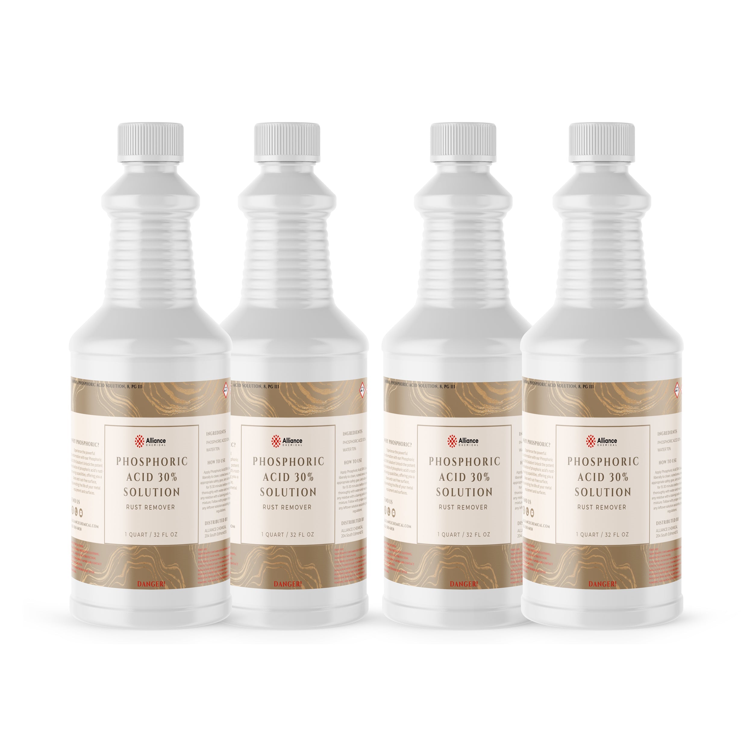 4x1-quart white HDPE bottles of 30% Phosphoric Acid Solution rust remover by Alliance Chemical, featuring danger warnings and ribbed safety caps.